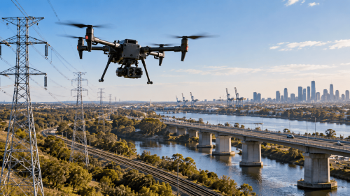 Drone inspecting power transmission lines, railway tracks and a bridge across the river in Melbourne