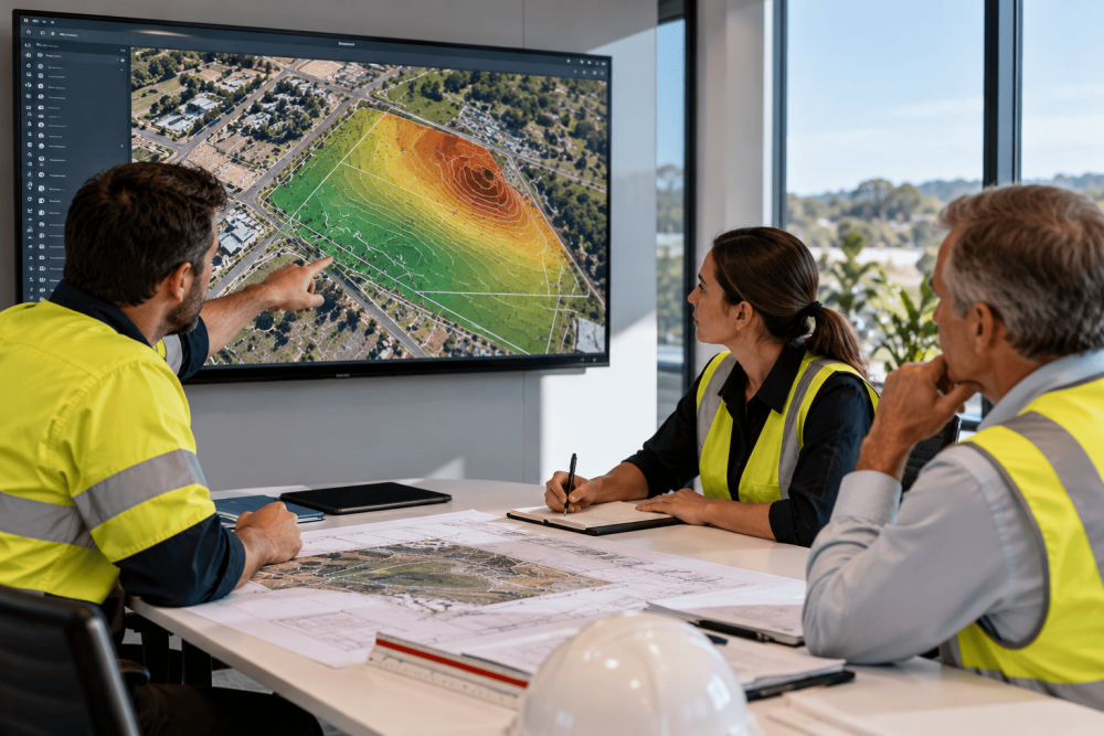 Surveyors analysing drone-generated terrain mapping data on a computer screen in Katy, Texas