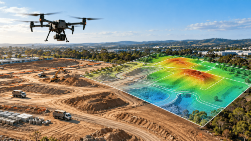 Drone surveying a construction site with colour-coded terrain elevation mapping in Katy, Texas