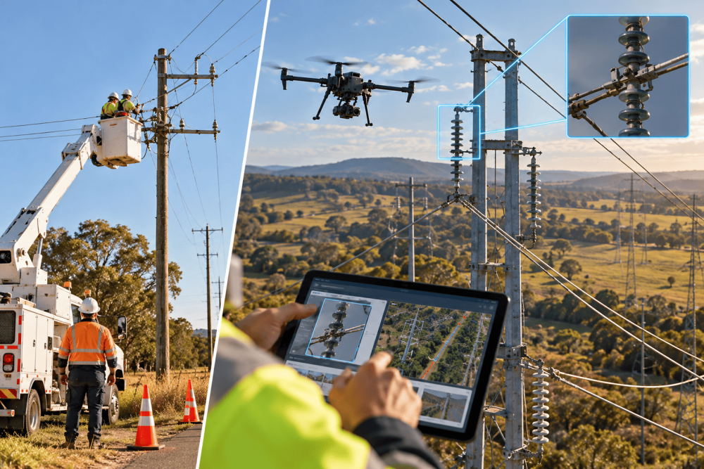 Drone inspecting power lines and electrical insulators while utility workers assess transmission infrastructure in Melbourne