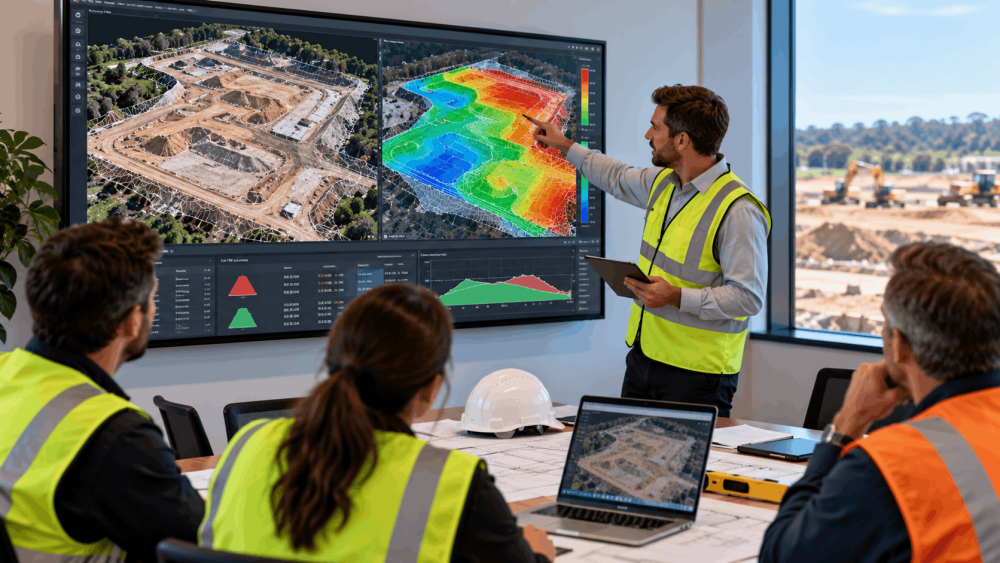 Houston construction team reviewing 3D mapping data on site progress