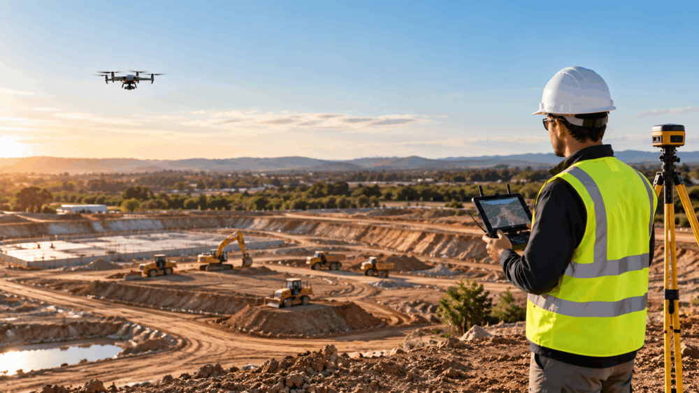 Construction surveyor using drone mapping equipment at a Houston construction site