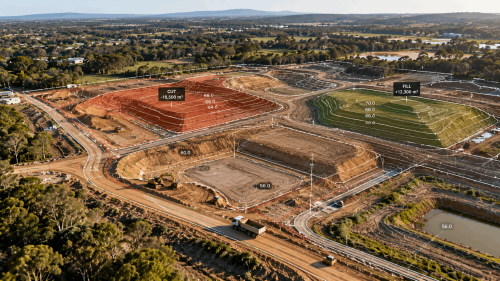 Aerial cut and fill mapping showing earthwork volumes at a construction site in Houston