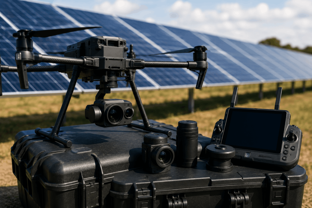 Drone Thermal Inspection for Solar Farms 1 Drone inspection equipment positioned near a solar farm in Houston, Texas
