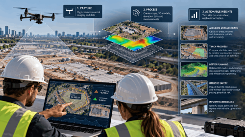 Drone surveying a construction project with aerial mapping data in Houston