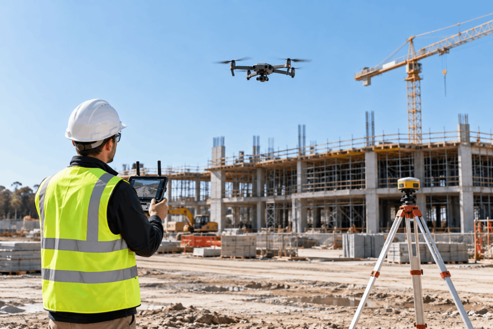 What Is Drone Surveying? A Complete Guide for US Construction & Infrastructure Projects 1 Drone surveying a construction site with a surveyor in Houston