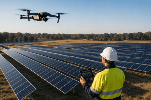 Drone flying over solar panels while an inspector monitors the solar farm in Houston, Texas